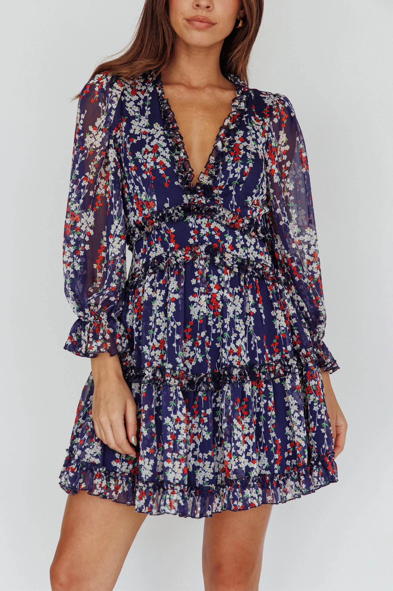Laney Cutout Back Ruffle Detail Floral Dress Navy - Image 4