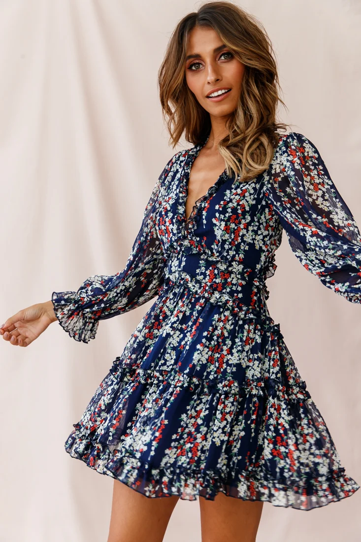 Laney Cutout Back Ruffle Detail Floral Dress Navy - Image 9