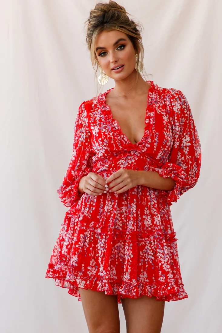 Laney Cutout Back Ruffle Detail Floral Dress Red - Image 2