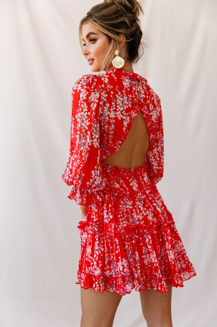 Laney Cutout Back Ruffle Detail Floral Dress Red - Image 5