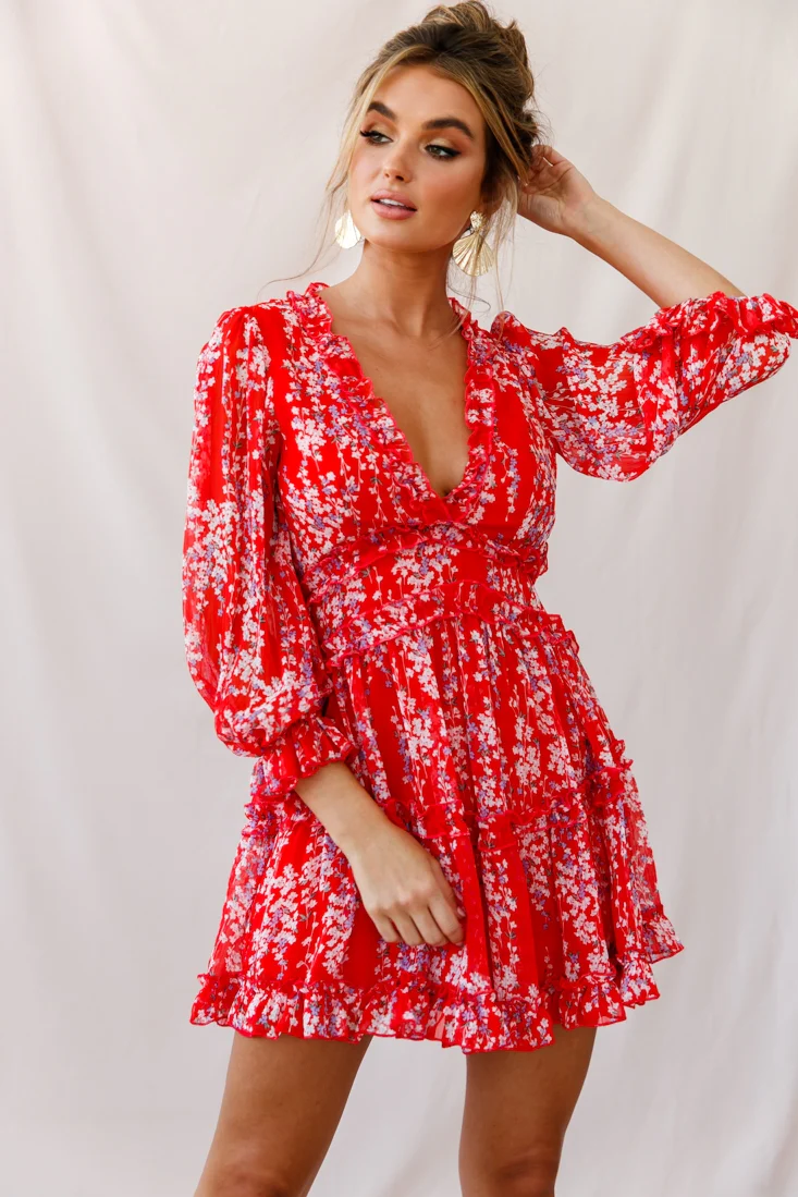 Laney Cutout Back Ruffle Detail Floral Dress Red - Image 6