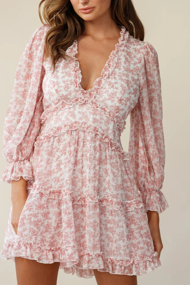 Laney Cutout Back Ruffle Trim Dress Floral Print Blush - Image 3