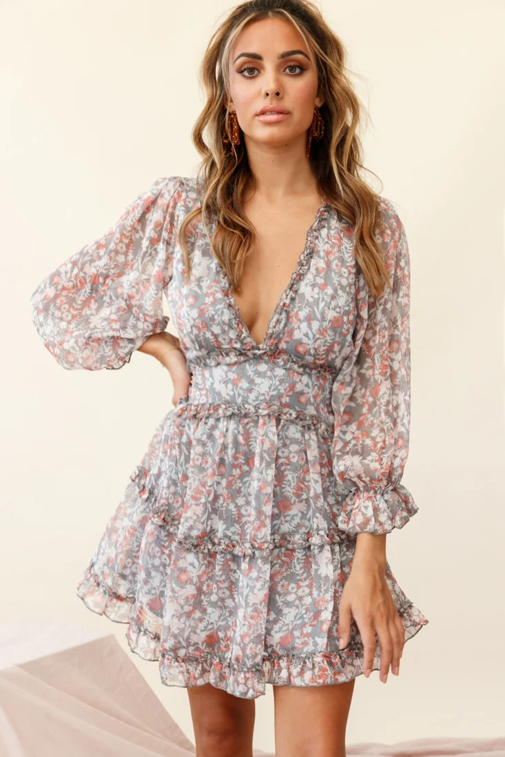 Laney Cutout Back Ruffle Trim Dress Floral Print Grey/Orange - Image 3
