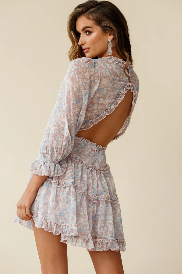 Laney Cutout Back Ruffle Trim Dress Floral Print Pink/Blue - Image 3