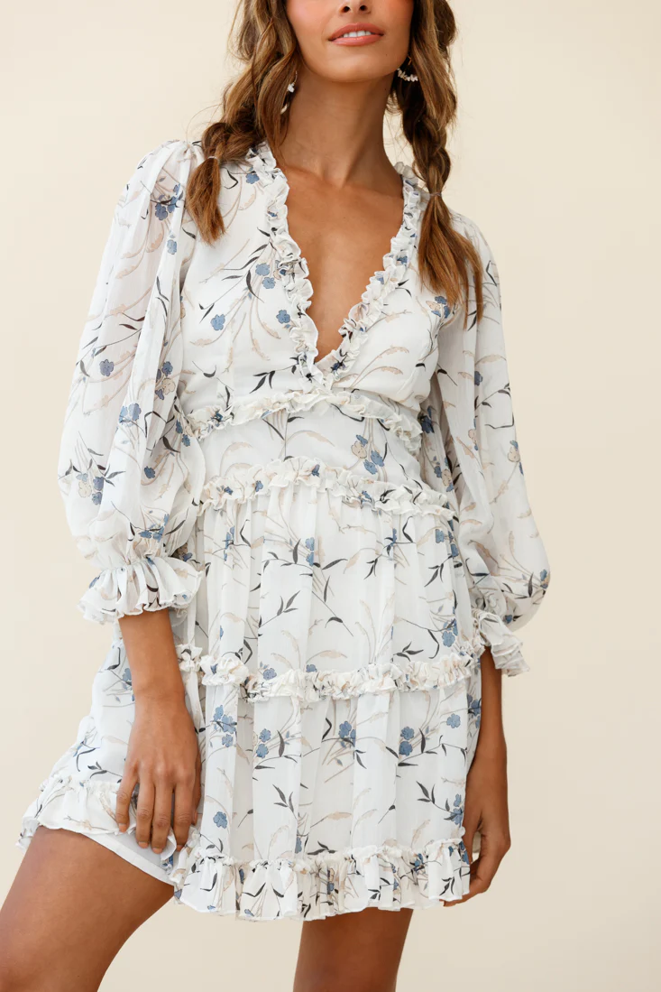 Laney Cutout Back Ruffle Trim Dress Flower Print White - Image 7