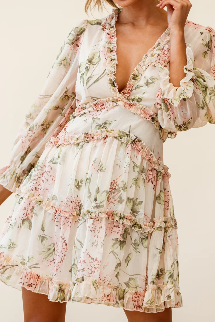 Laney Cutout Back Ruffle Trim Dress Hydrangea Print Nude - Image 5
