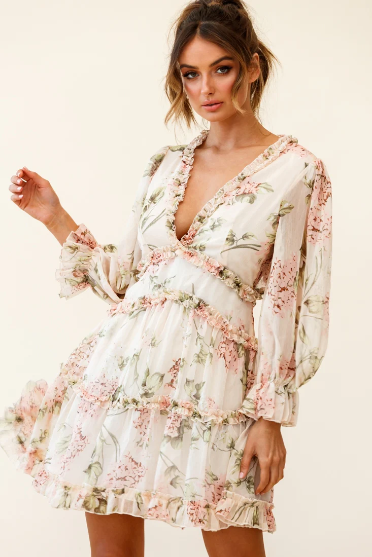 Laney Cutout Back Ruffle Trim Dress Hydrangea Print Nude - Image 7