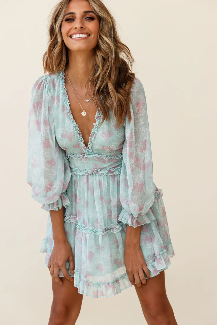 Laney Cutout Back Ruffle Trim Dress Leaves Print Mint - Image 2