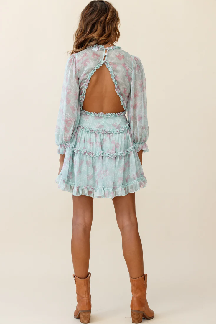 Laney Cutout Back Ruffle Trim Dress Leaves Print Mint - Image 4
