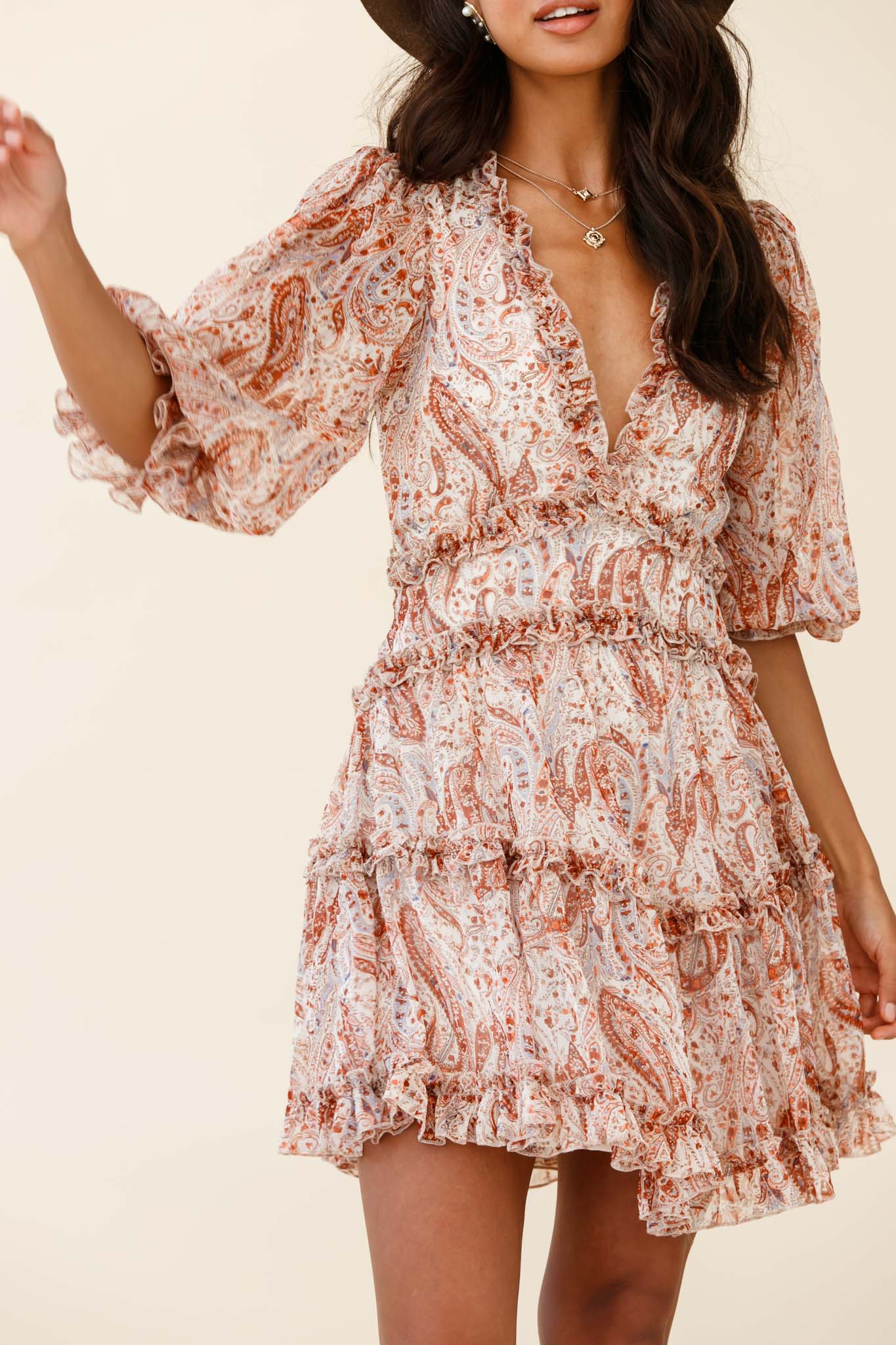 Laney Cutout Back Ruffle Trim Dress Paisley Print Rust - Image 6