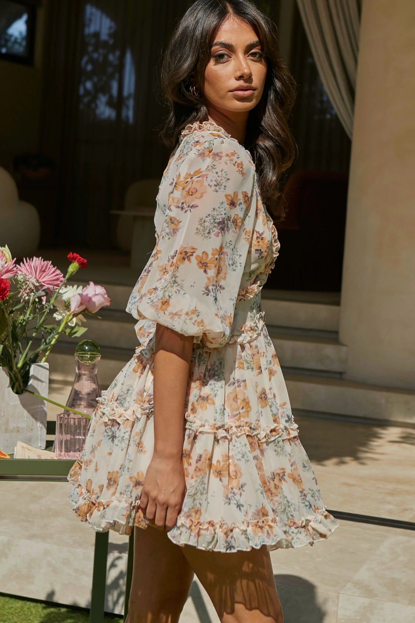 Laney Cutout Back Ruffle Trim Dress Vintage Floral Print Beige - Image 6