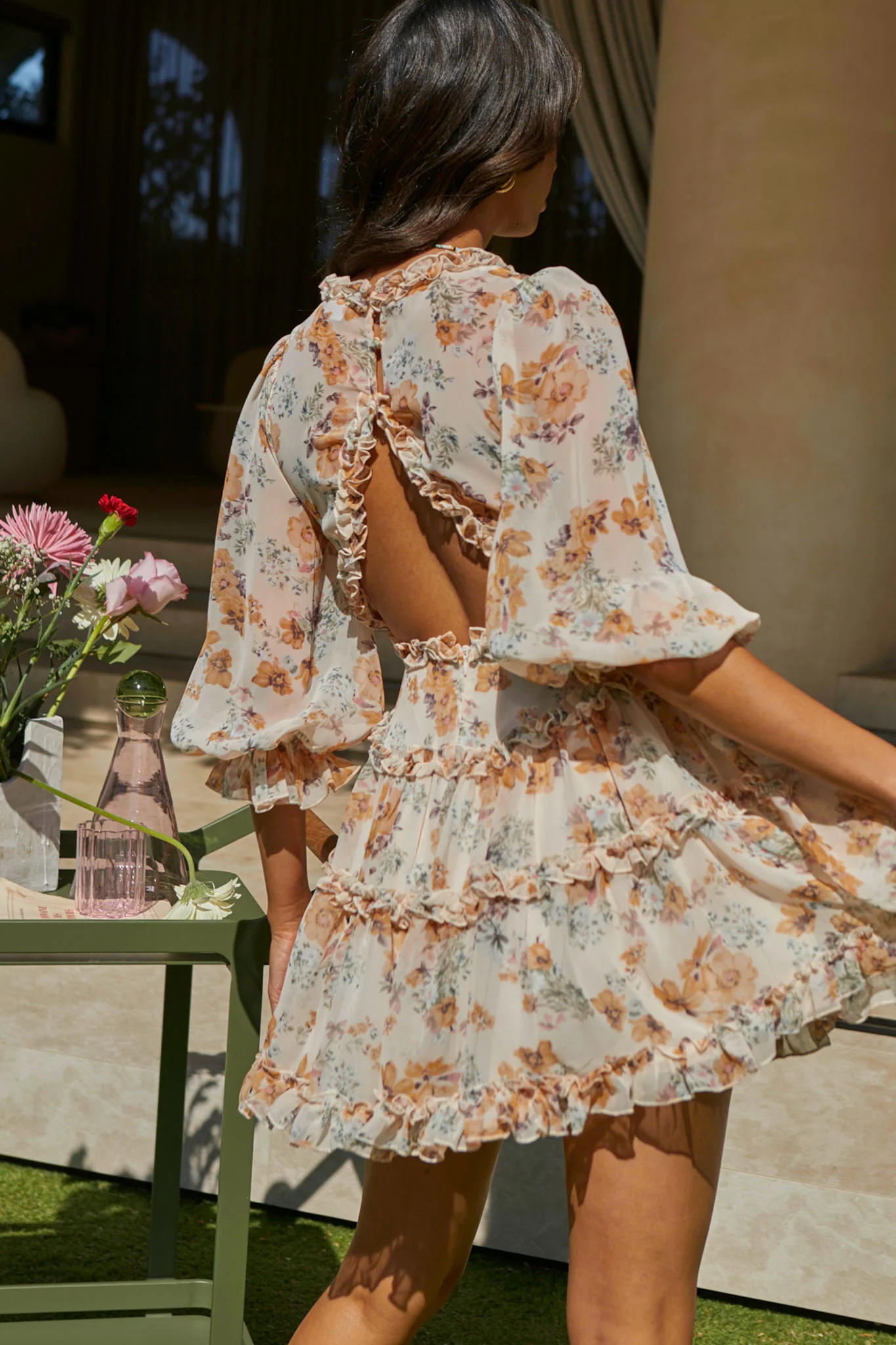 Laney Cutout Back Ruffle Trim Dress Vintage Floral Print Beige - Image 8