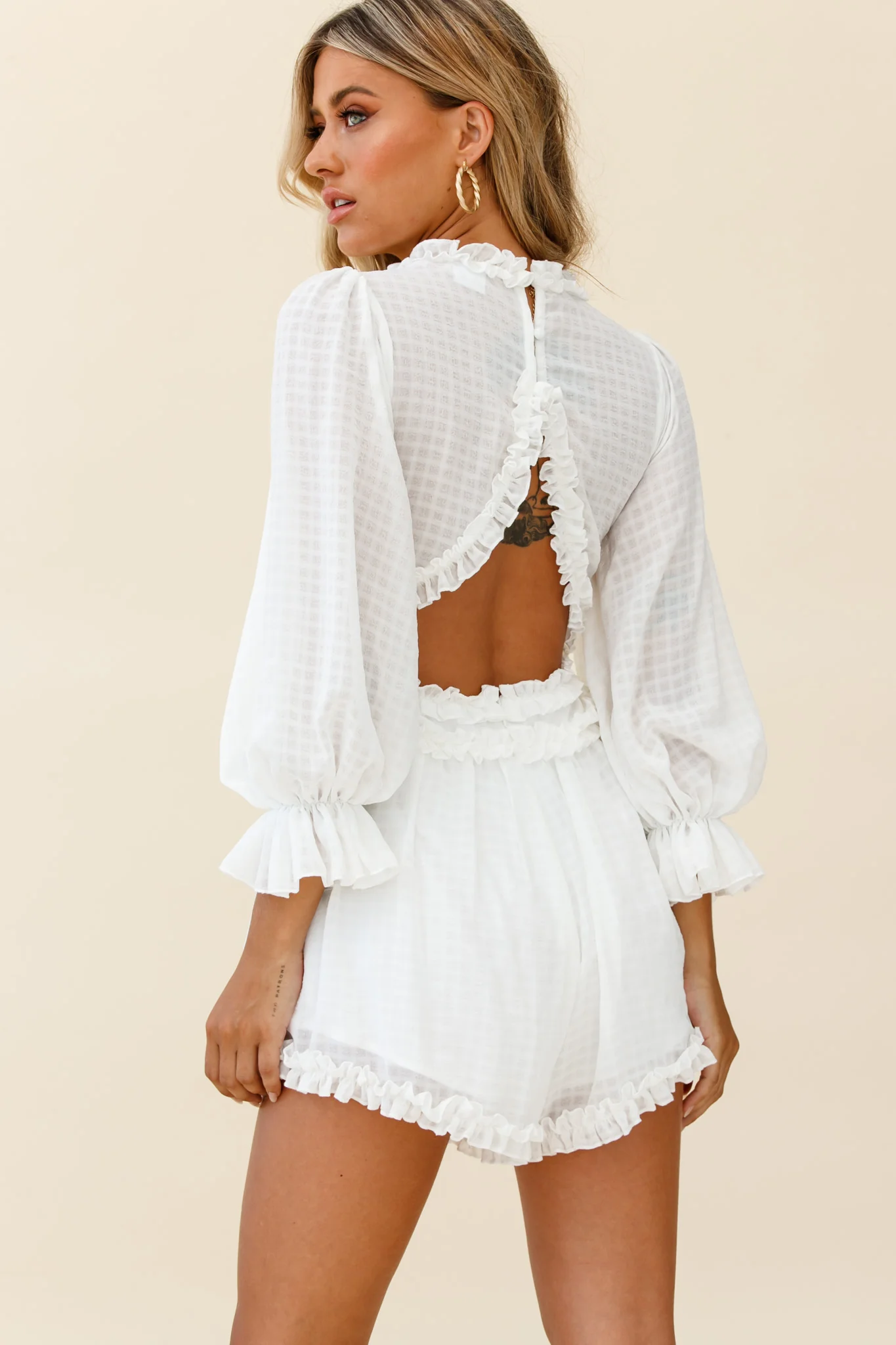 Laney Long Sleeve Frill Trim Romper White - Image 3