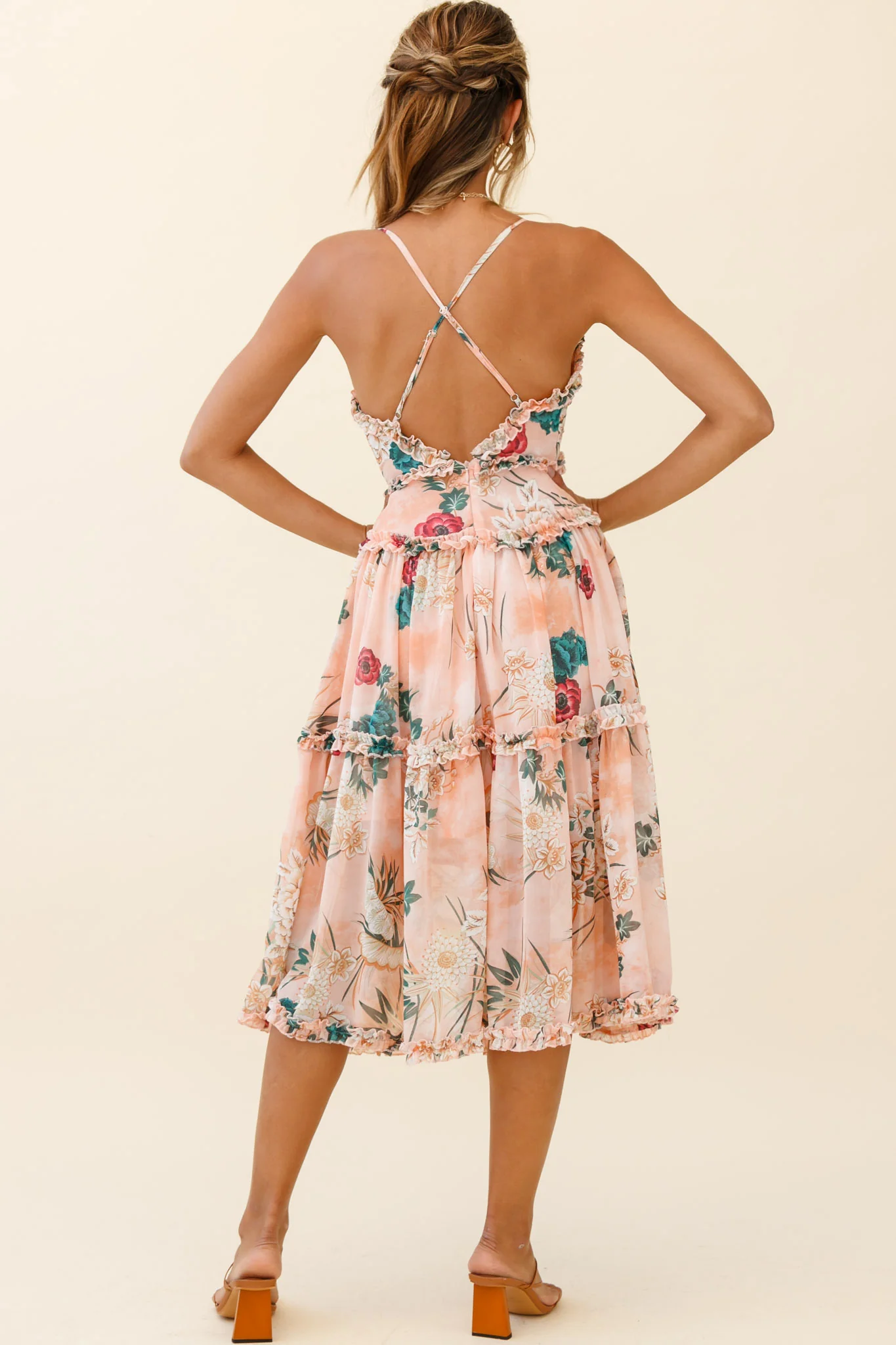Laney Low Back Cami Strap Midi Dress Botanical Print Orange - Image 3