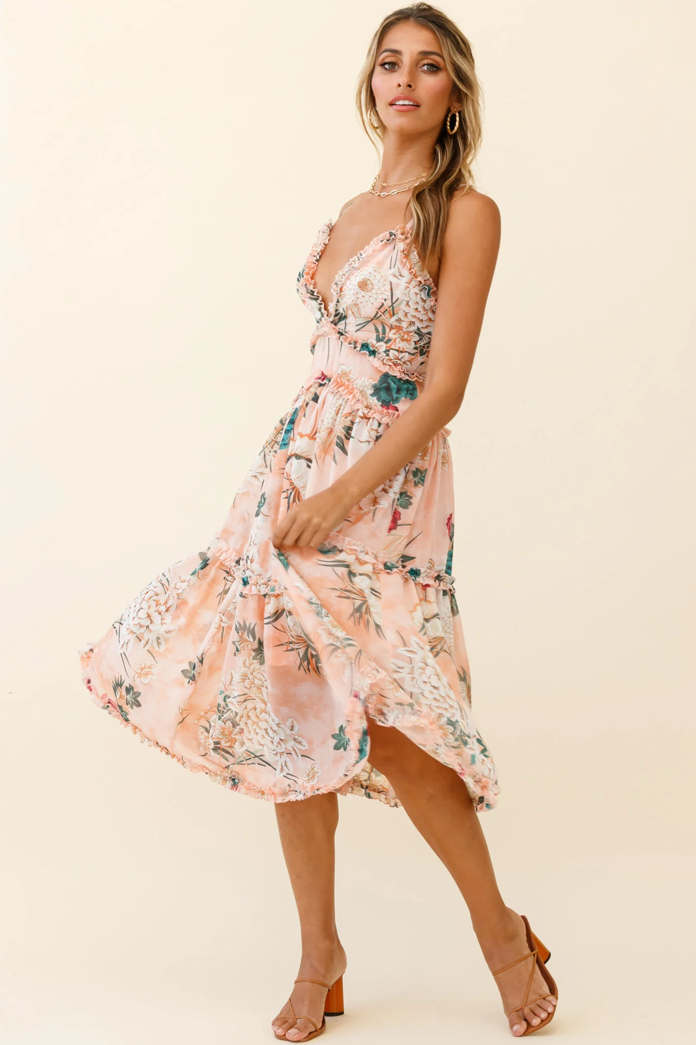 Laney Low Back Cami Strap Midi Dress Botanical Print Orange - Image 7