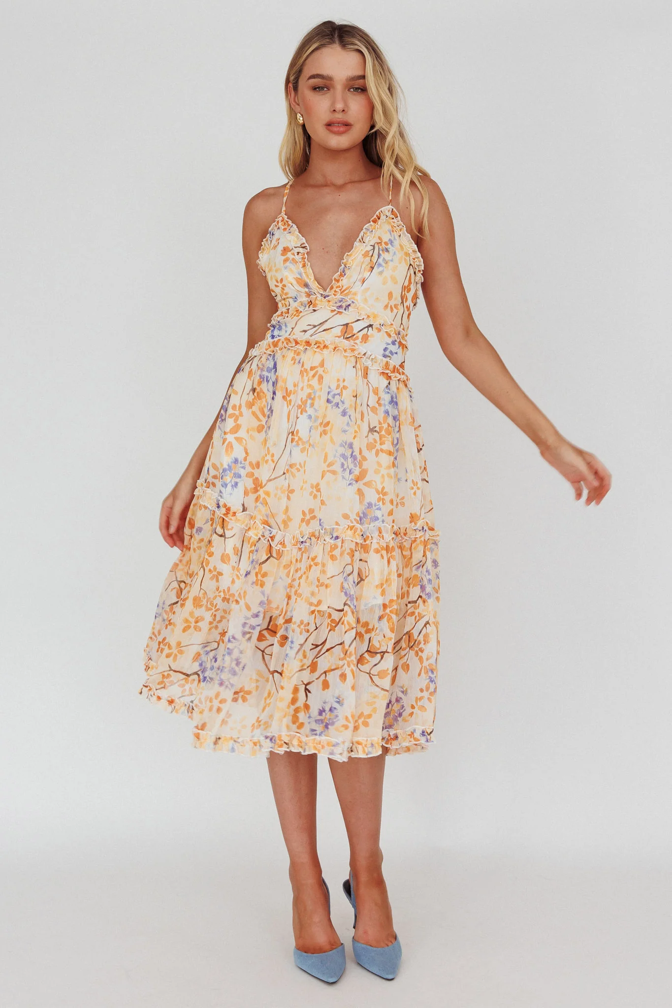 Laney Low Back Cami Strap Midi Dress Floral Orange - Image 5