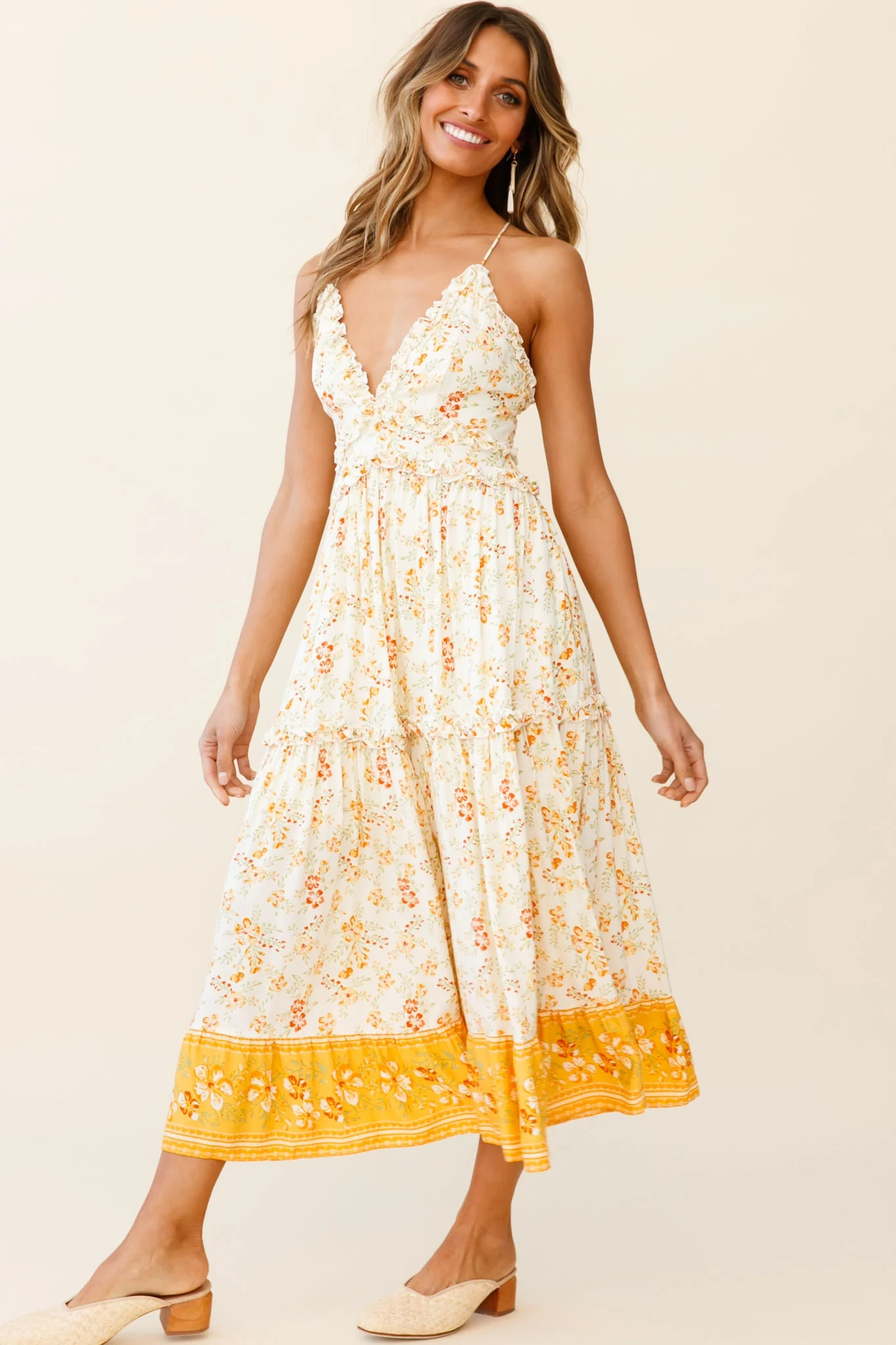Laney Low Back Cami Strap Midi Dress Hibiscus Print Mustard - Image 2