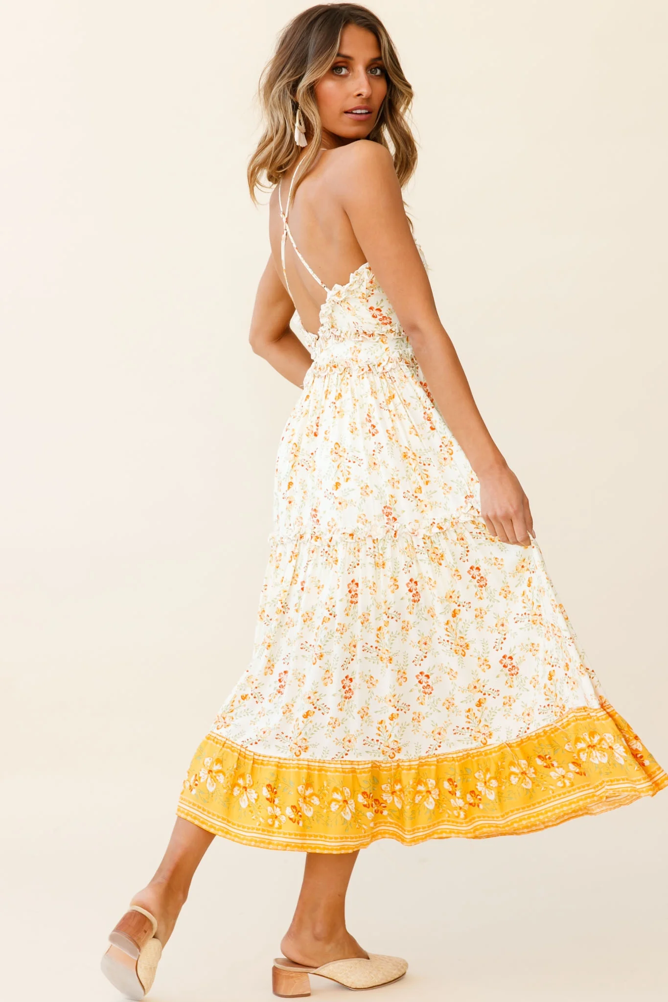 Laney Low Back Cami Strap Midi Dress Hibiscus Print Mustard - Image 3