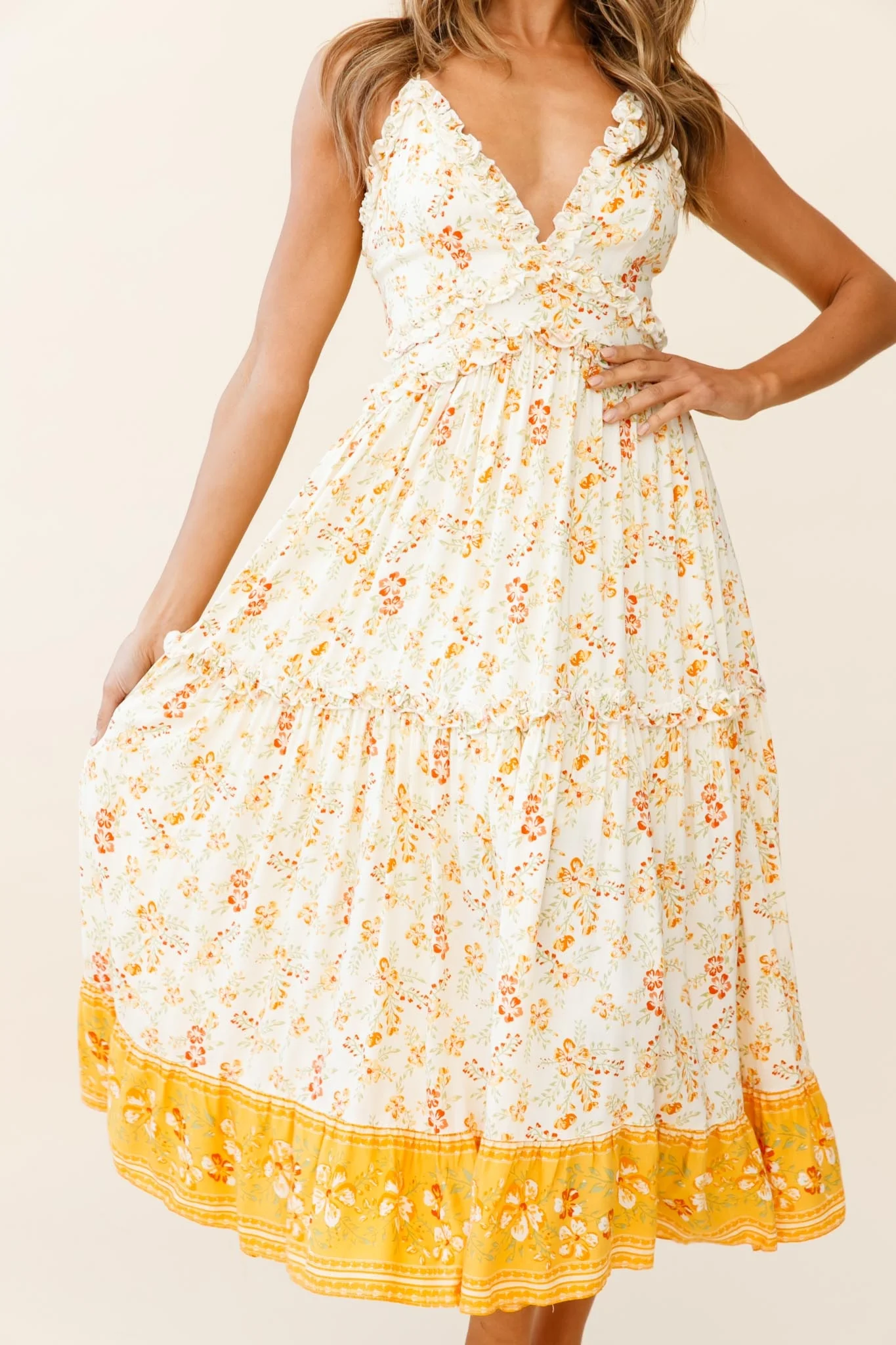 Laney Low Back Cami Strap Midi Dress Hibiscus Print Mustard - Image 4