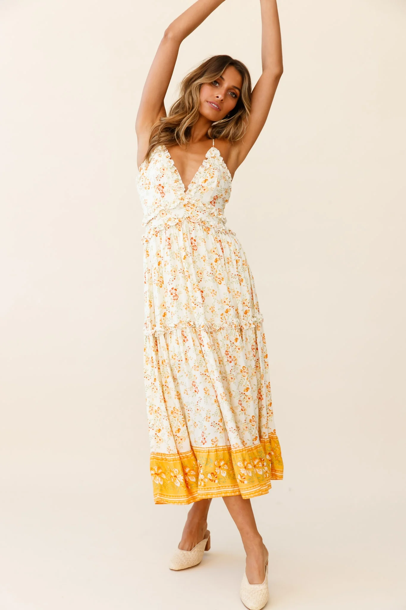 Laney Low Back Cami Strap Midi Dress Hibiscus Print Mustard - Image 5