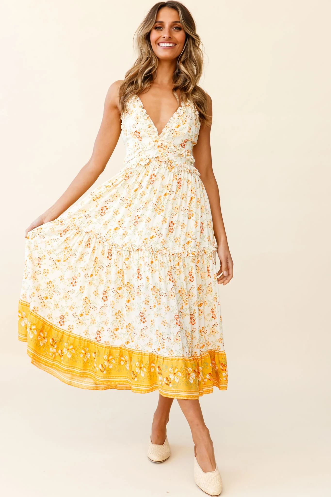 Laney Low Back Cami Strap Midi Dress Hibiscus Print Mustard - Image 6