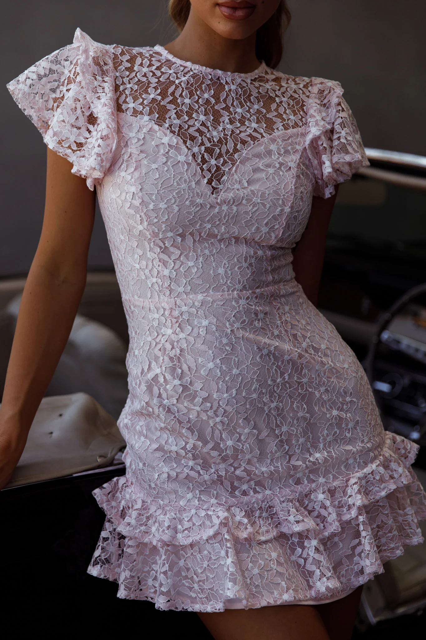 Lark Crew Neck Ruffle Sleeve Dress Lace Overlay Pink - Image 4