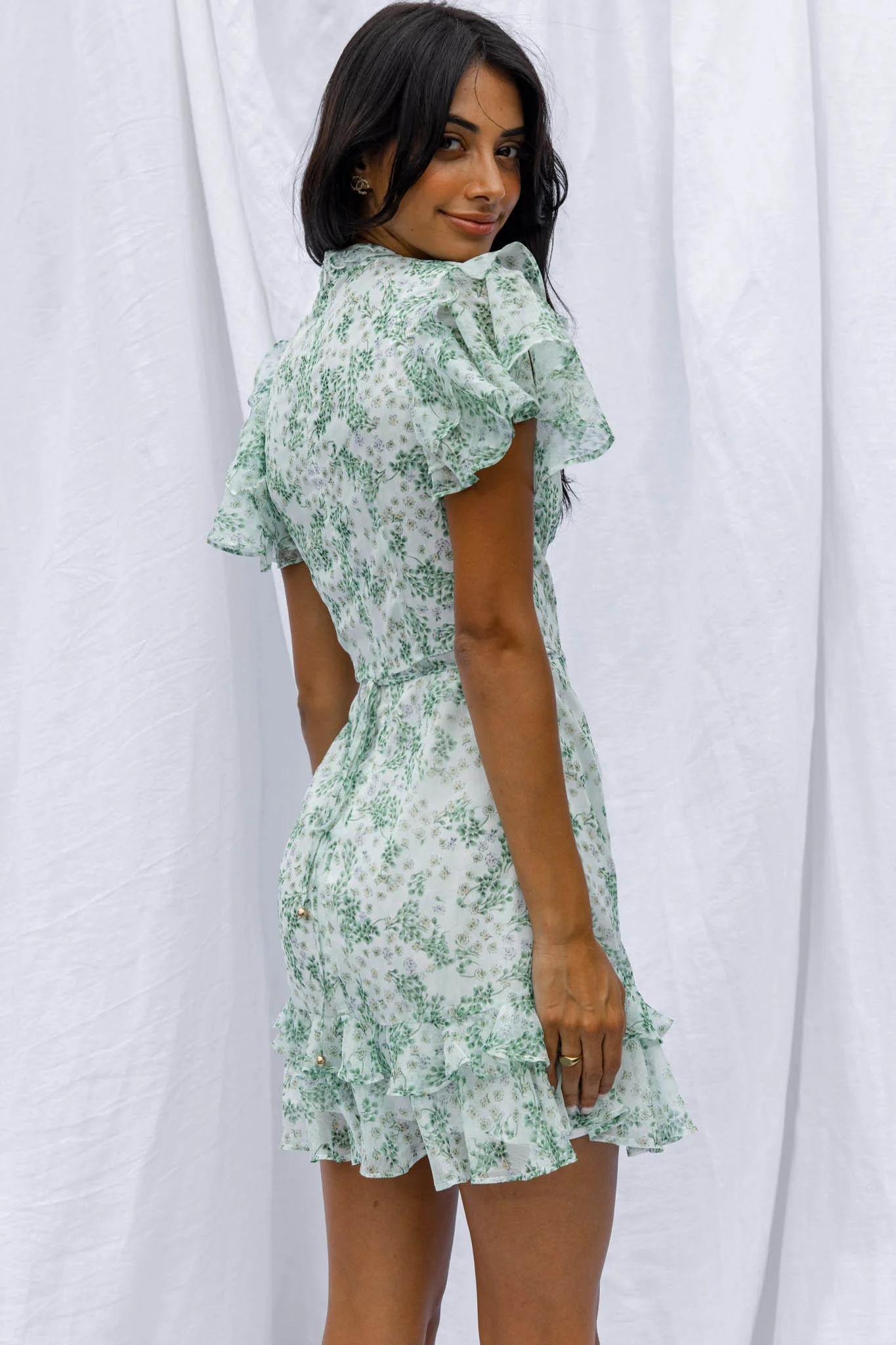 Lark High Neck Ruffle Sleeve Dress Clover Print Green - Image 2