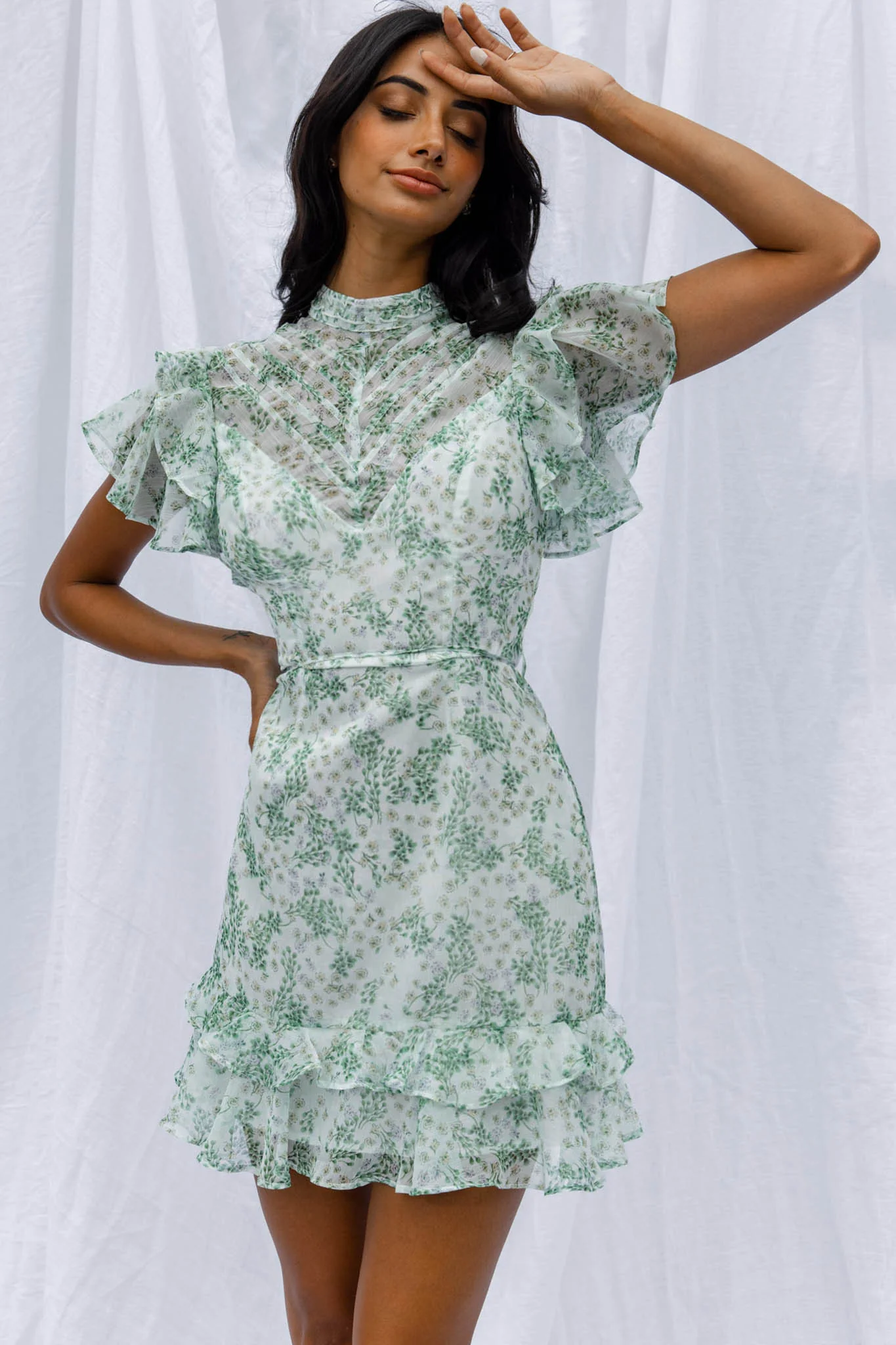 Lark High Neck Ruffle Sleeve Dress Clover Print Green - Image 3