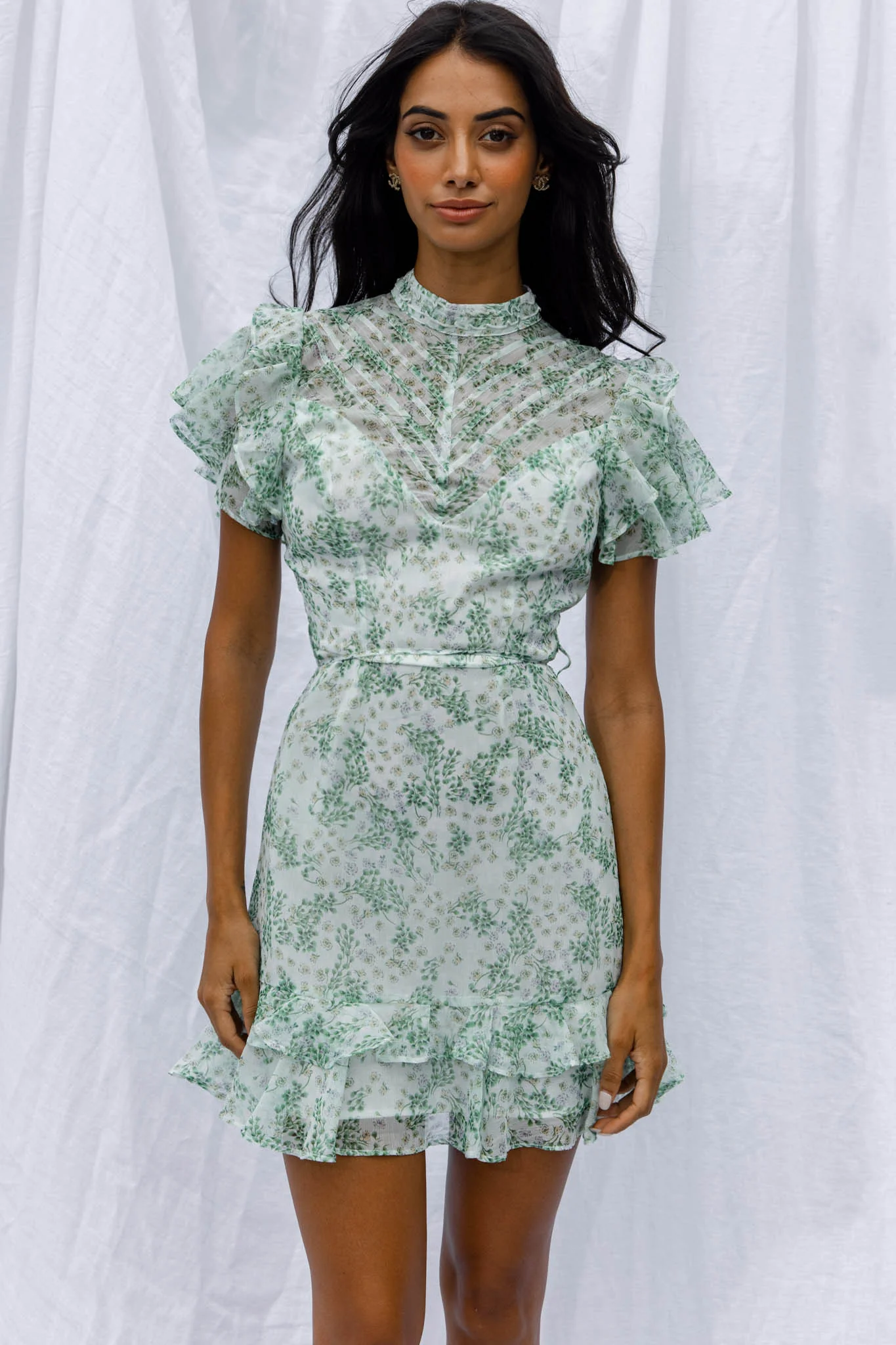 Lark High Neck Ruffle Sleeve Dress Clover Print Green - Image 6