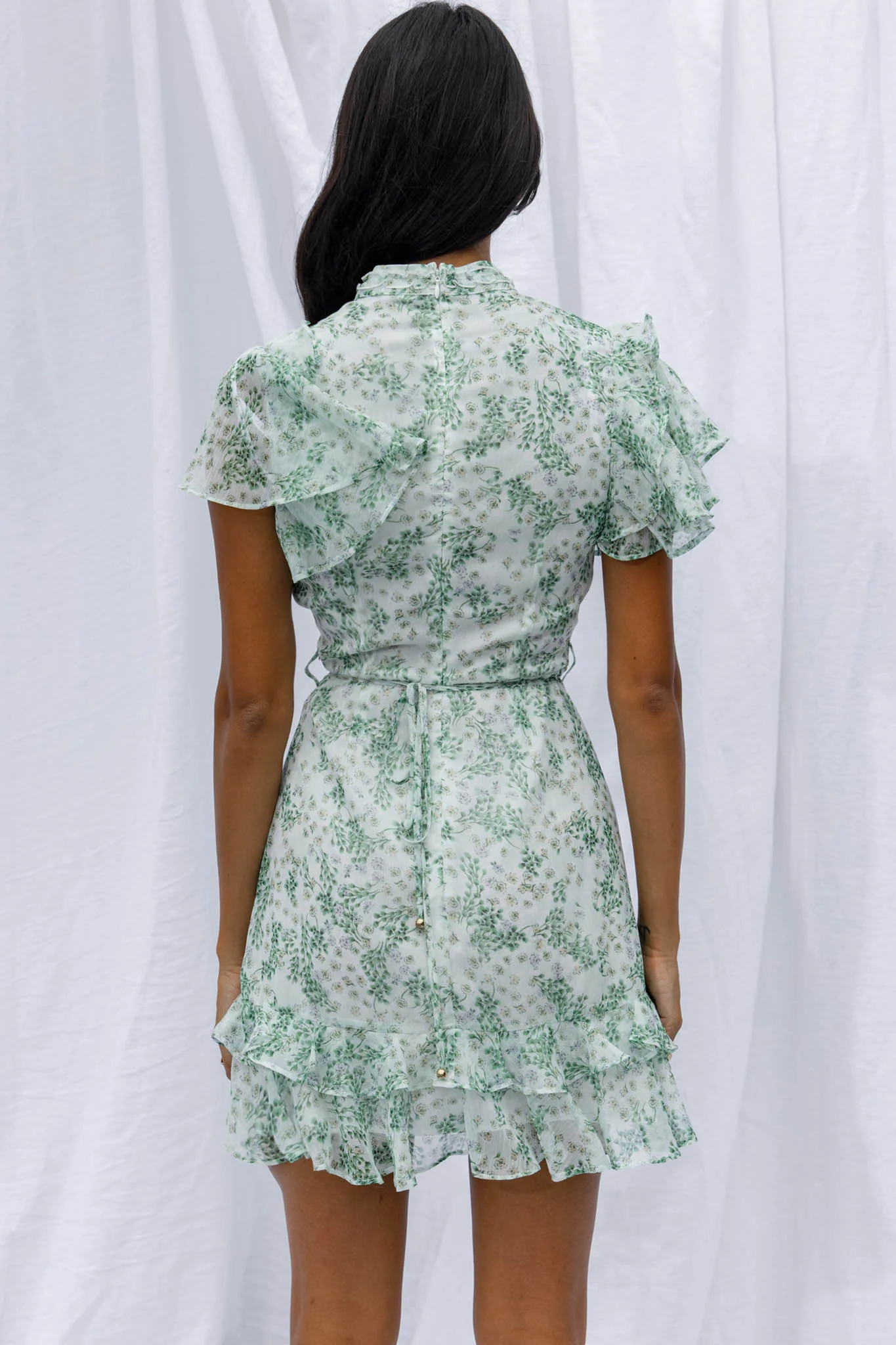 Lark High Neck Ruffle Sleeve Dress Clover Print Green - Image 7