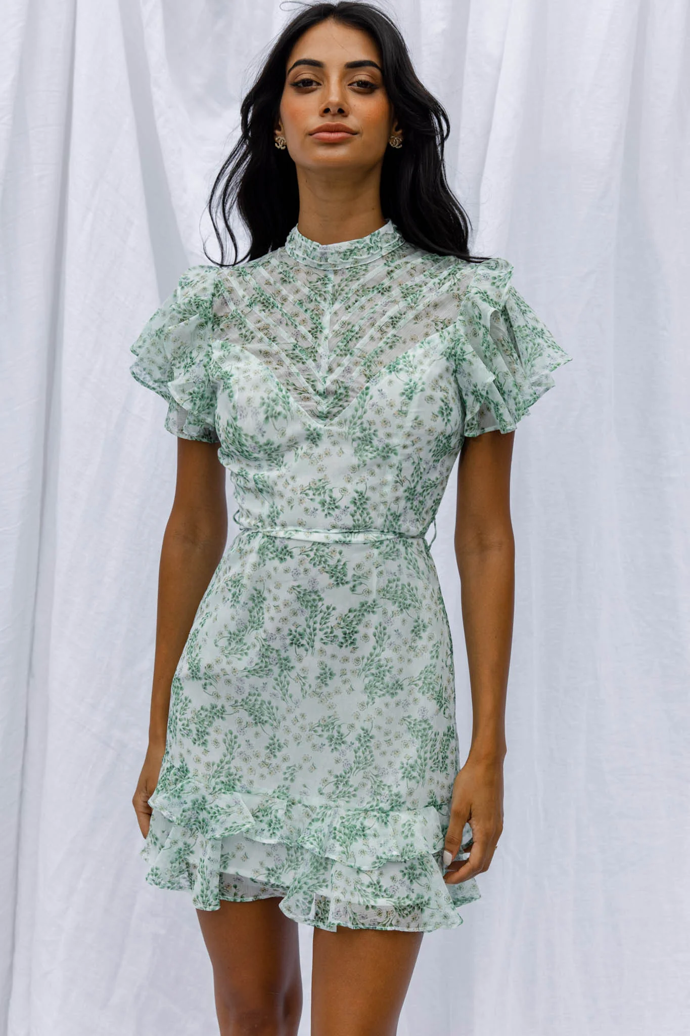 Lark High Neck Ruffle Sleeve Dress Clover Print Green - Image 8