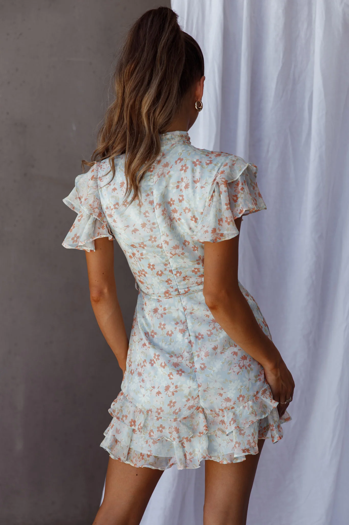 Lark High Neck Ruffle Sleeve Dress Flower Print Aqua - Image 2