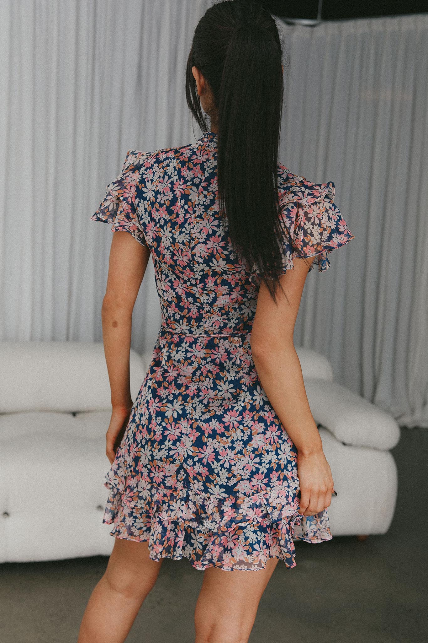 Lark High Neck Ruffle Sleeve Dress Flower Print Navy - Image 6