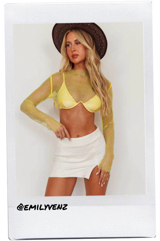 Last Call Fishnet Crop Top Yellow - Image 2