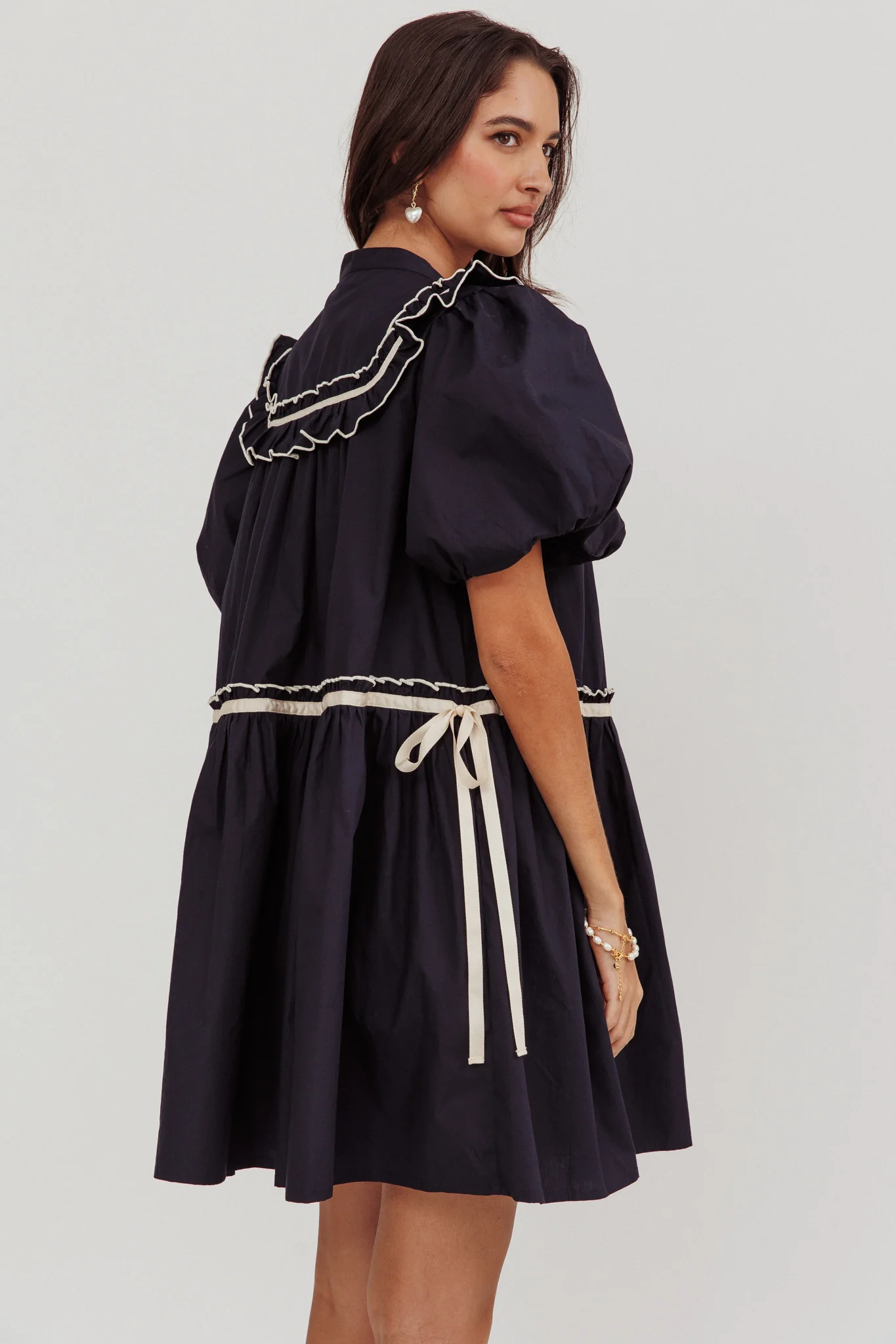 Late Spring Puff Sleeves Ruffle Mini Dress Navy - Image 2