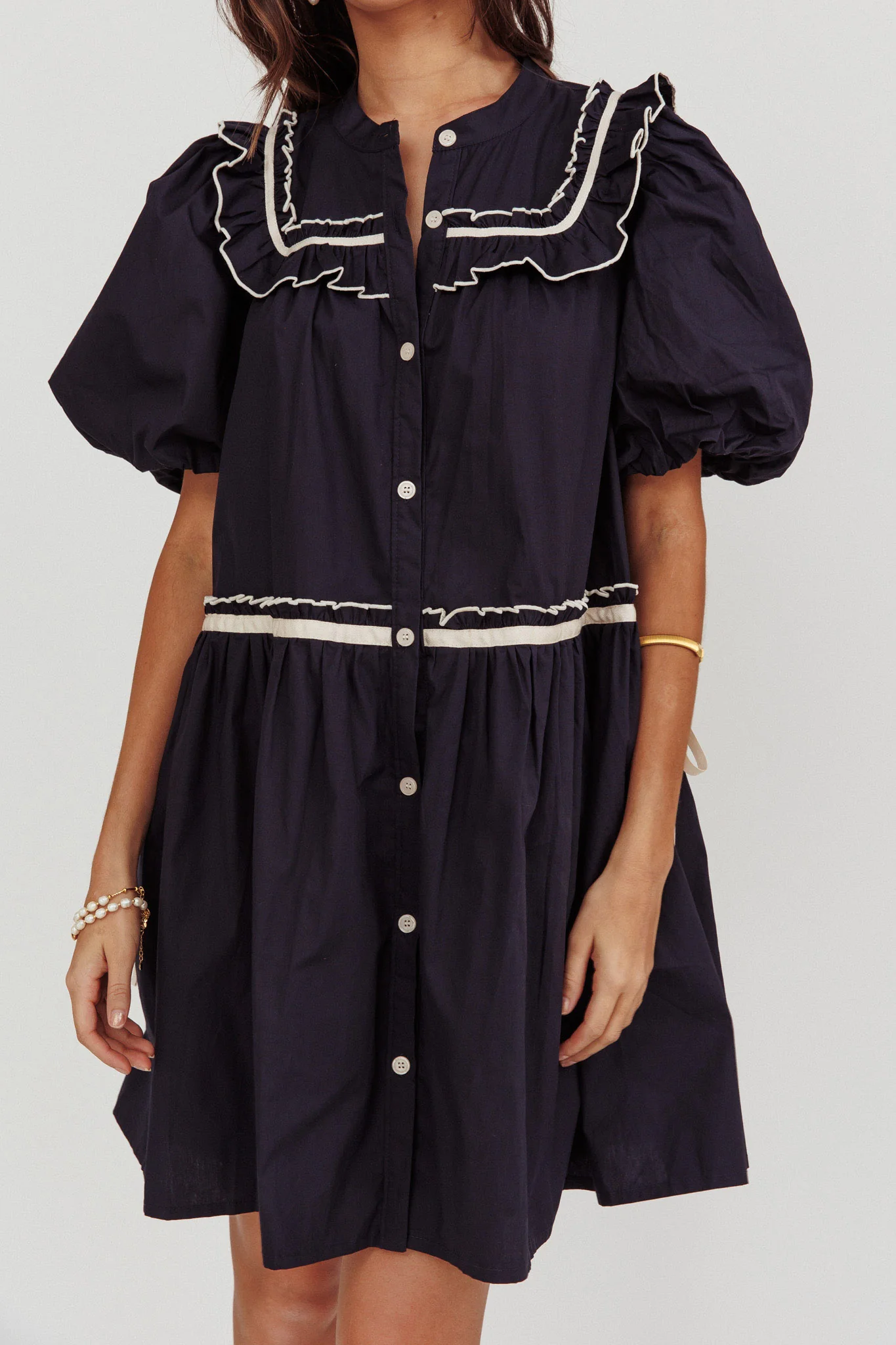 Late Spring Puff Sleeves Ruffle Mini Dress Navy - Image 4