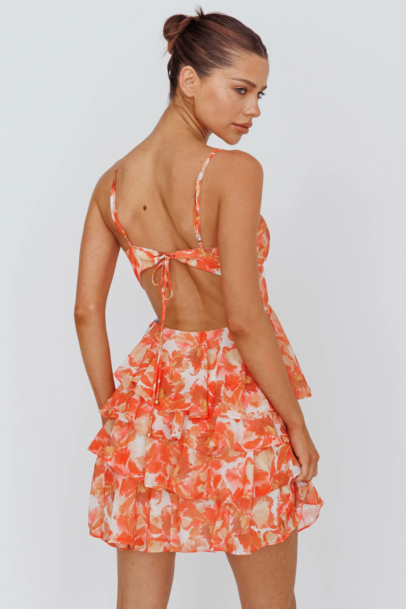 Lauran Tied Back Frill Dress Floral Orange - Image 2