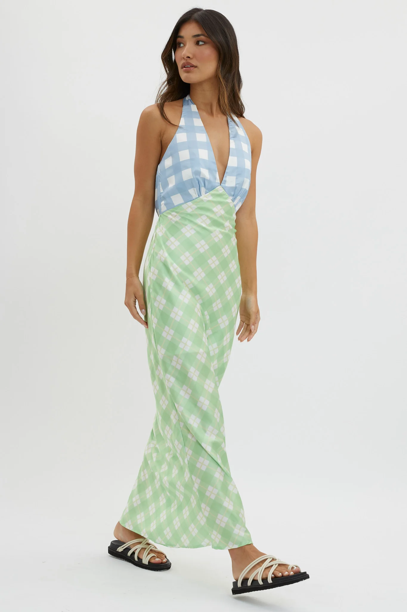Lavara Halterneck Maxi Dress Checker Green - Image 5