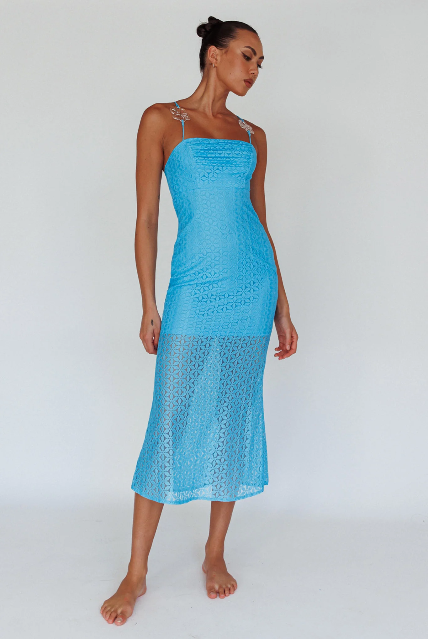 Lazy Daisy Flower Strap Midi Dress Blue - Image 3