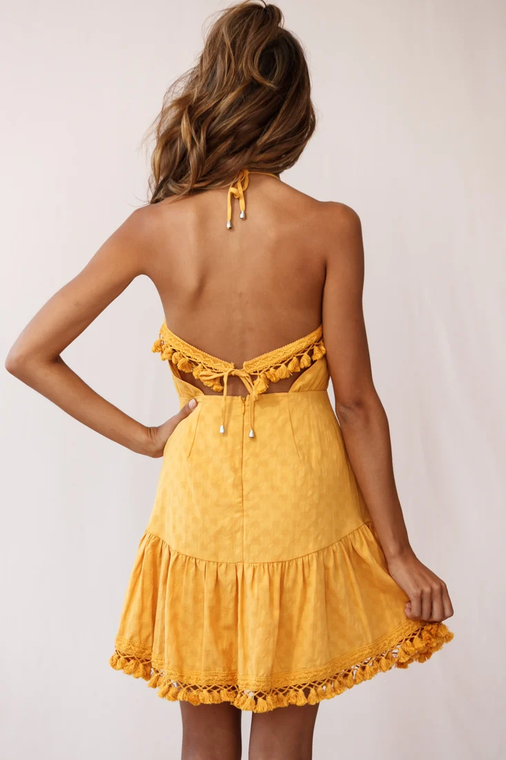 Lazy Days Tied Back Tassel Trim Dress Mustard - Image 3