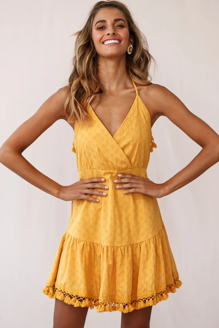 Lazy Days Tied Back Tassel Trim Dress Mustard - Image 5