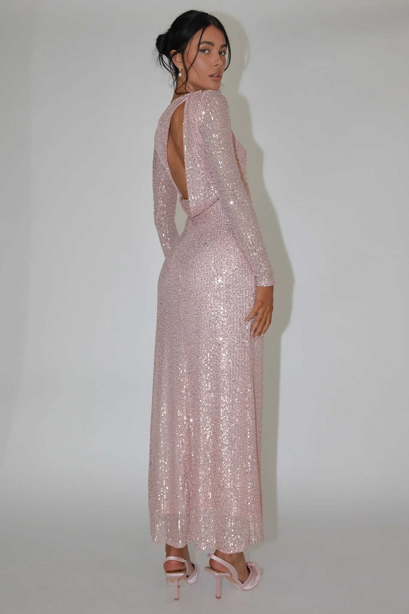 Le Monde Long Sleeve Sequin Maxi Dress Rose Gold - Image 3