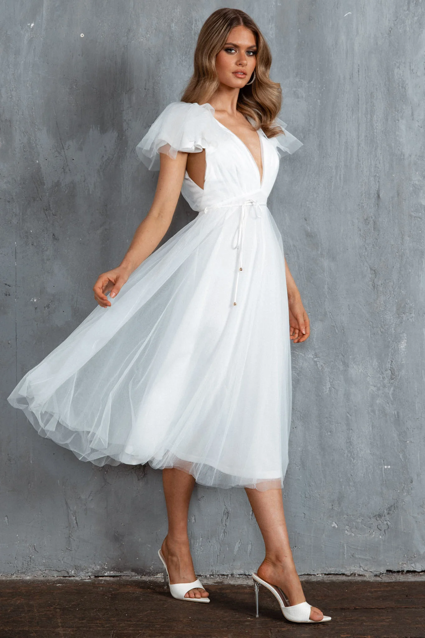 Leap Of Faith Frill Shoulder Tulle Midi Dress White - Image 3