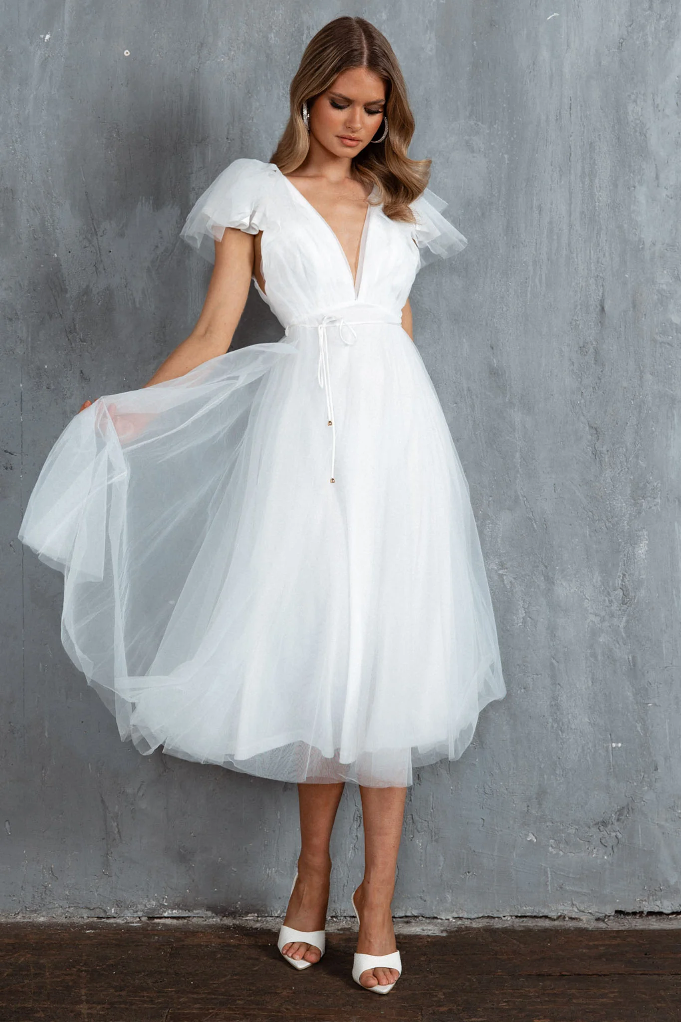 Leap Of Faith Frill Shoulder Tulle Midi Dress White - Image 4