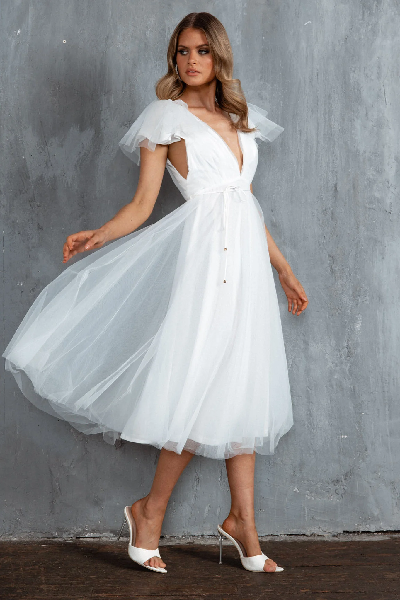 Leap Of Faith Frill Shoulder Tulle Midi Dress White - Image 6