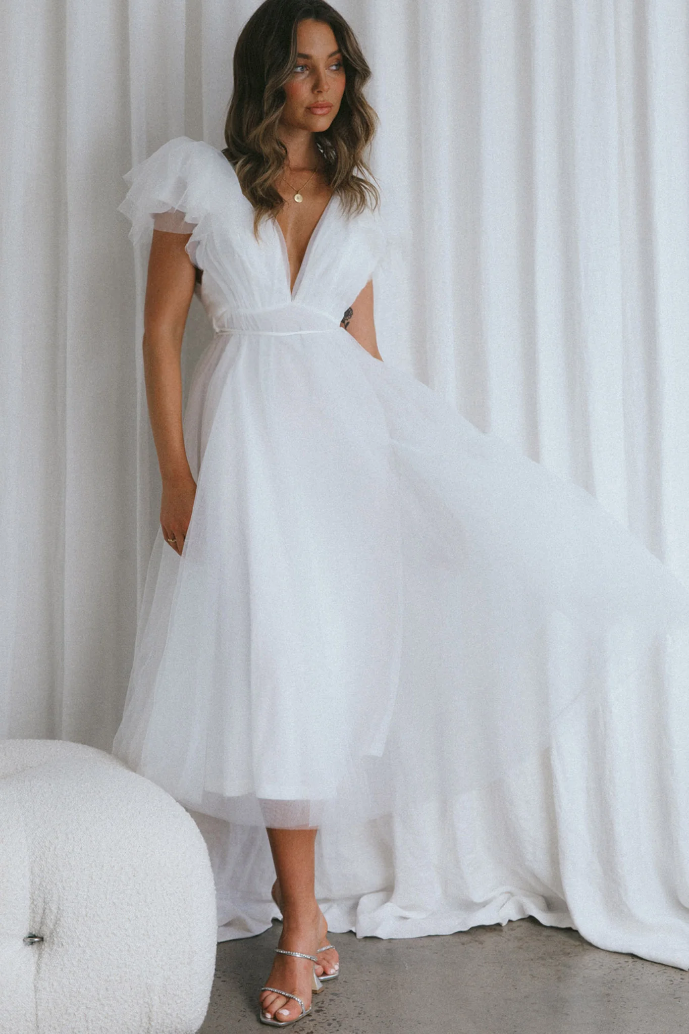 Leap Of Faith Frill Shoulder Tulle Midi Dress White - Image 7
