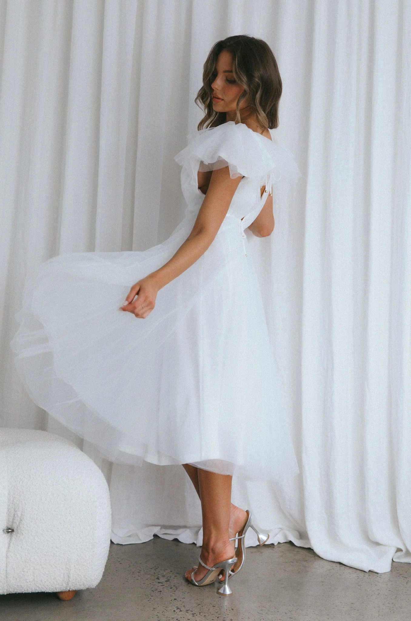 Leap Of Faith Frill Shoulder Tulle Midi Dress White - Image 8