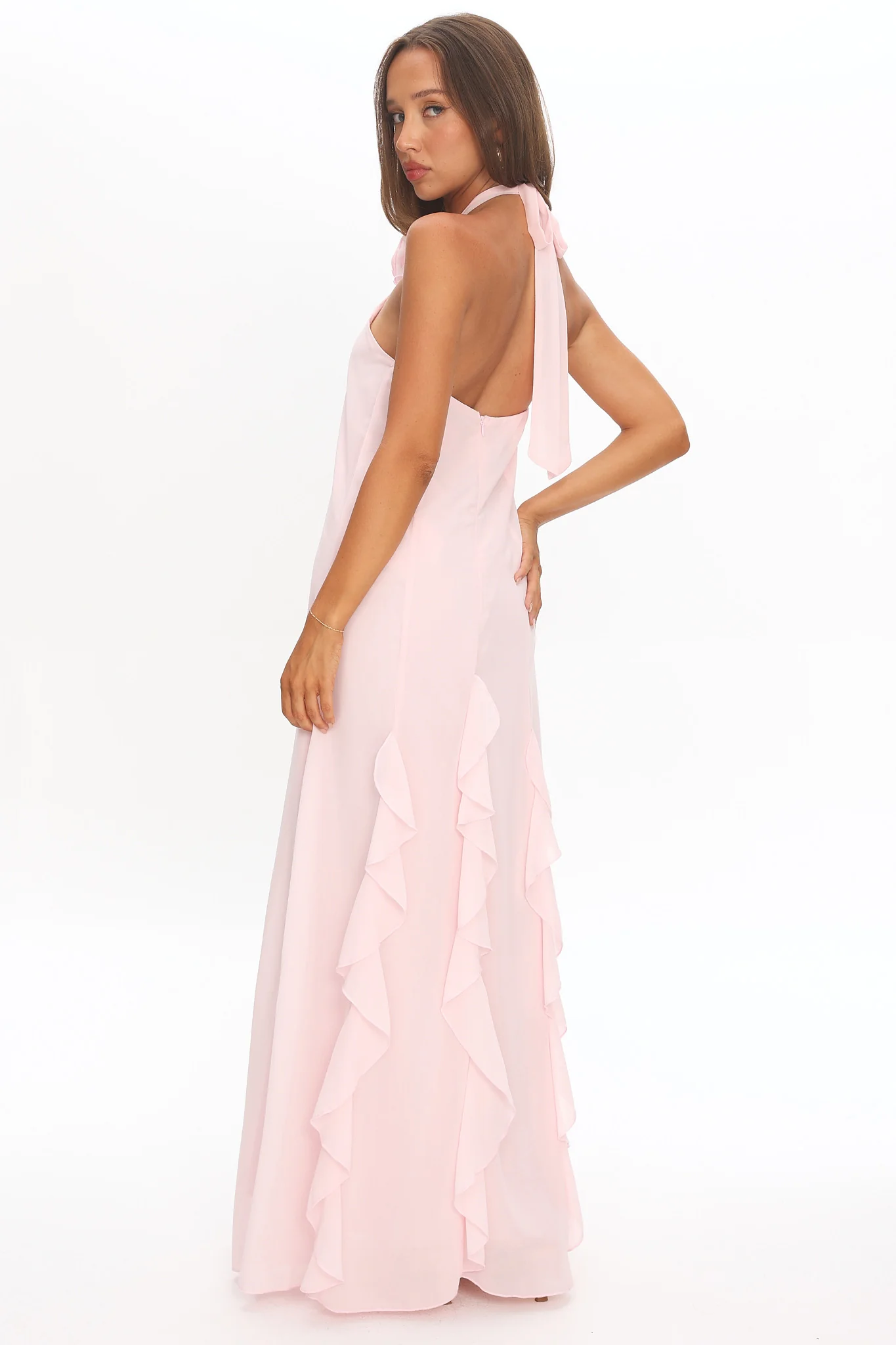 Lecce Halterneck Ruffle Trim Maxi Dress Blush - Image 2