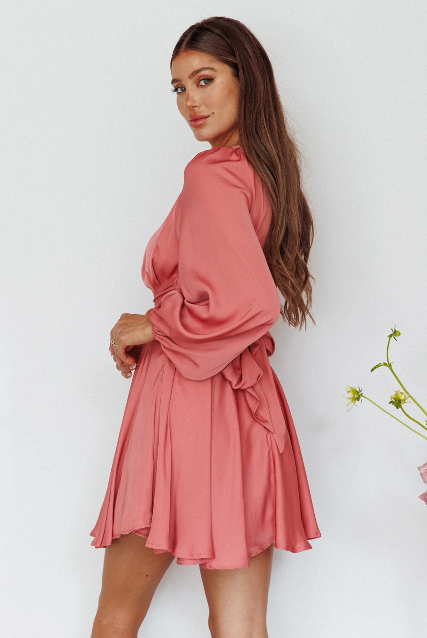 Leia Long Sleeve Waist Tie Mini Dress Rose - Image 2