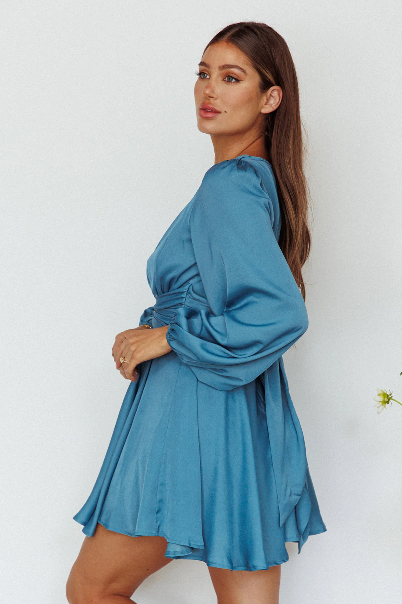 Leia Long Sleeve Waist Tie Mini Dress Teal - Image 2